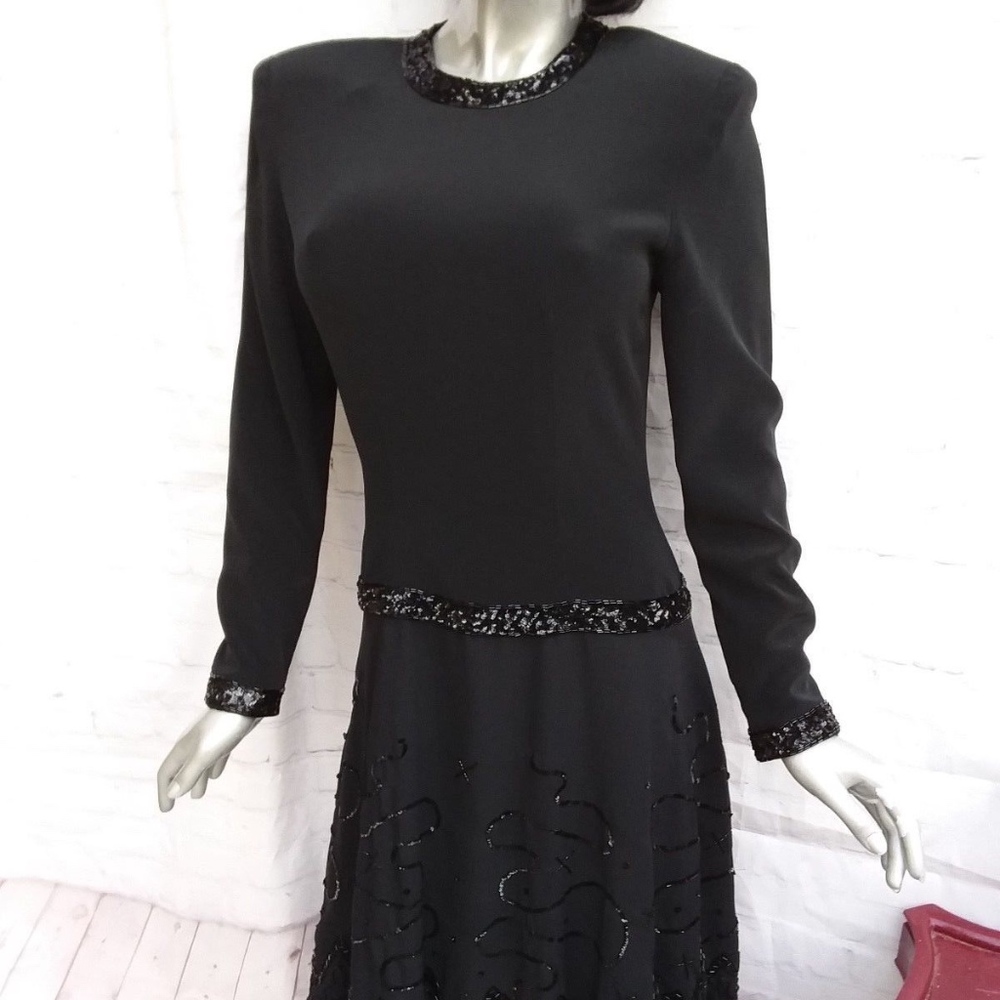 VINTAGE Medium Dressy Black Cocktail Dress Long Sleeve Sequins